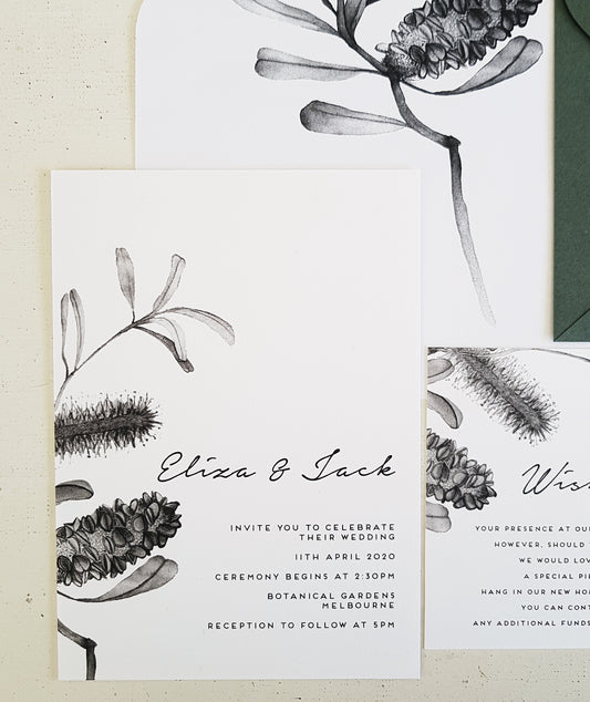 Banksia watercolour wedding invite in black and white