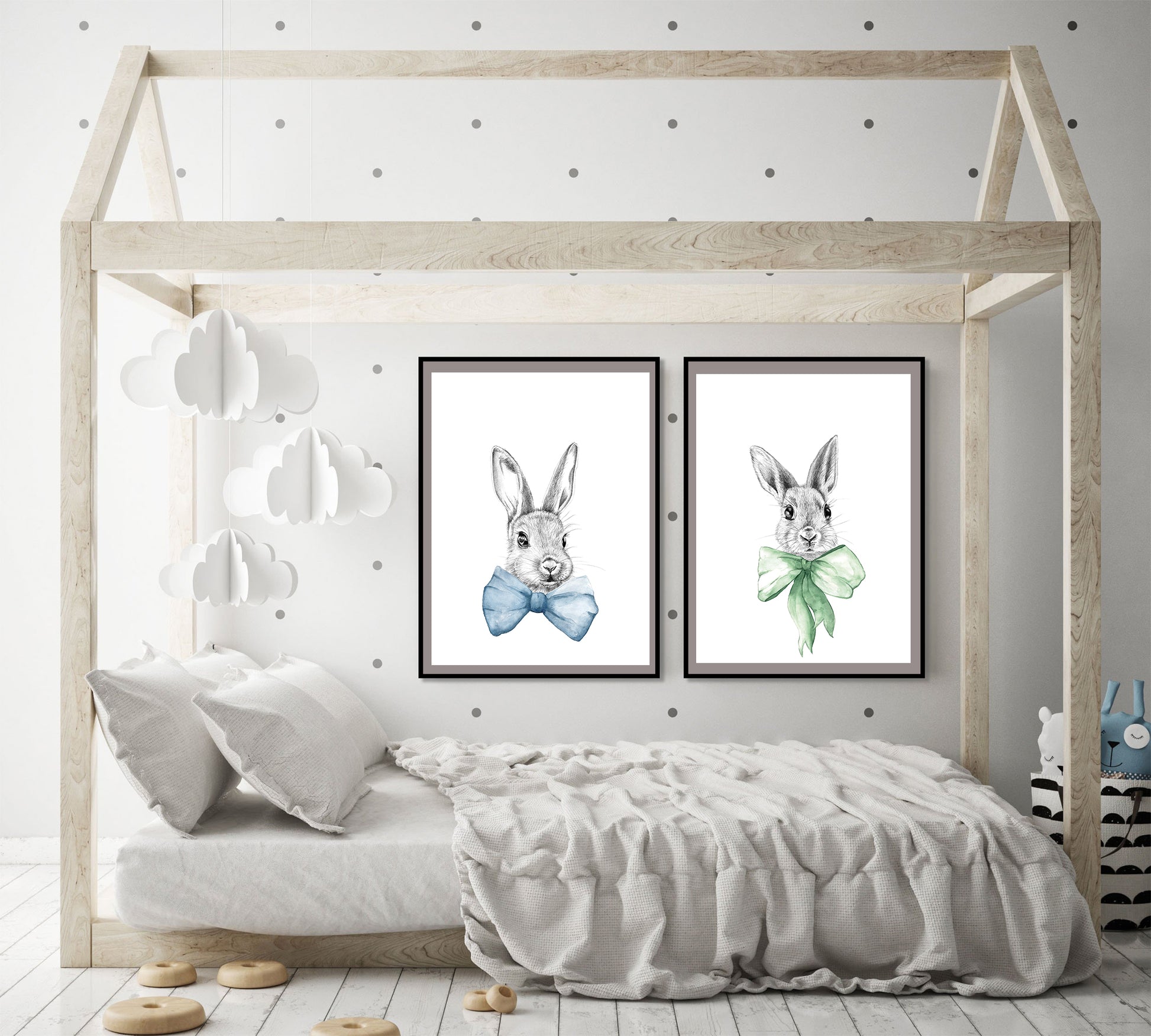 Bunnies in bows set of 2 prints