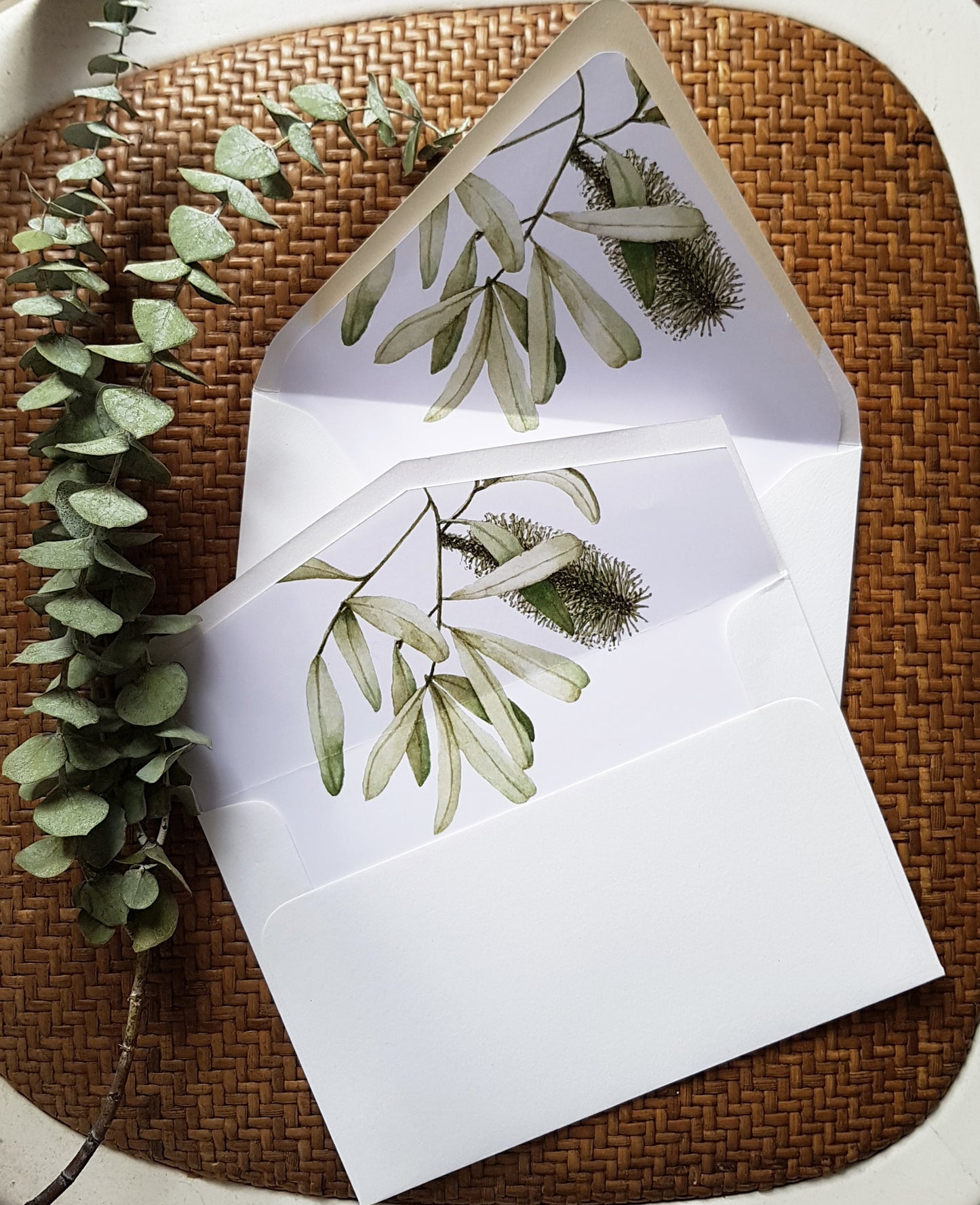 Envelope styles and envelope liners featuring the bankia watercolour design in green