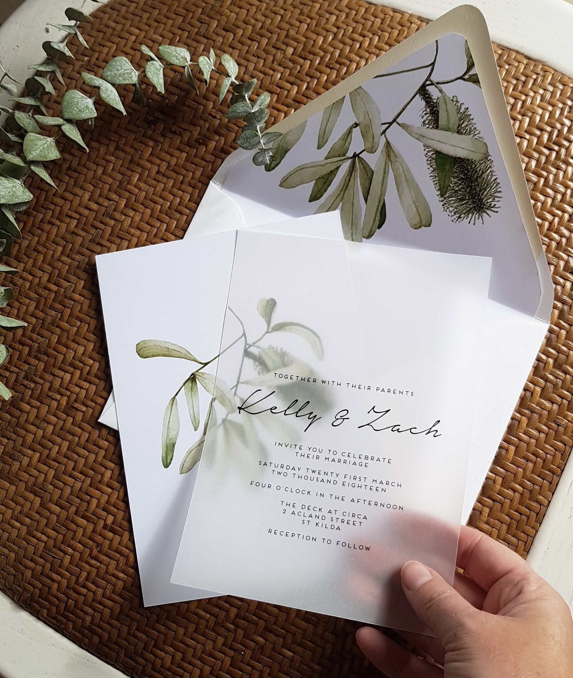 banksia wedding invite and envelope with liner, invite features text printed onto a vellum/transparent paper