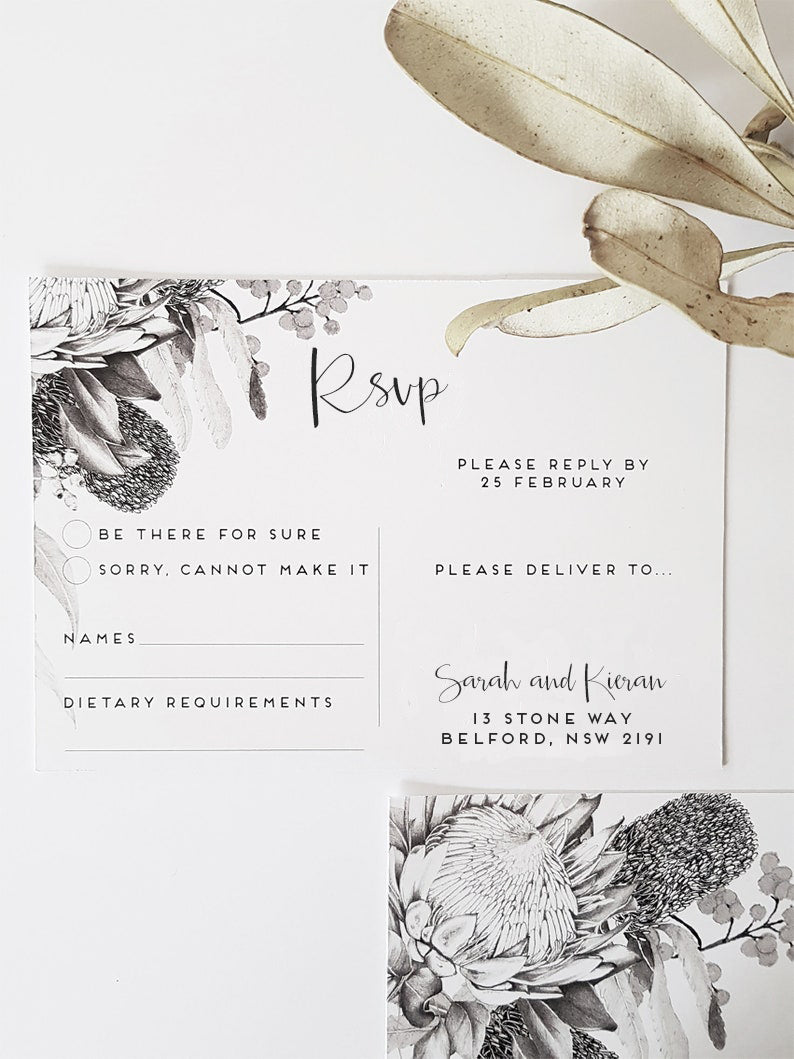 Rsvp Australian Native design, using hand drawn botanicals of Australia to create a modern design