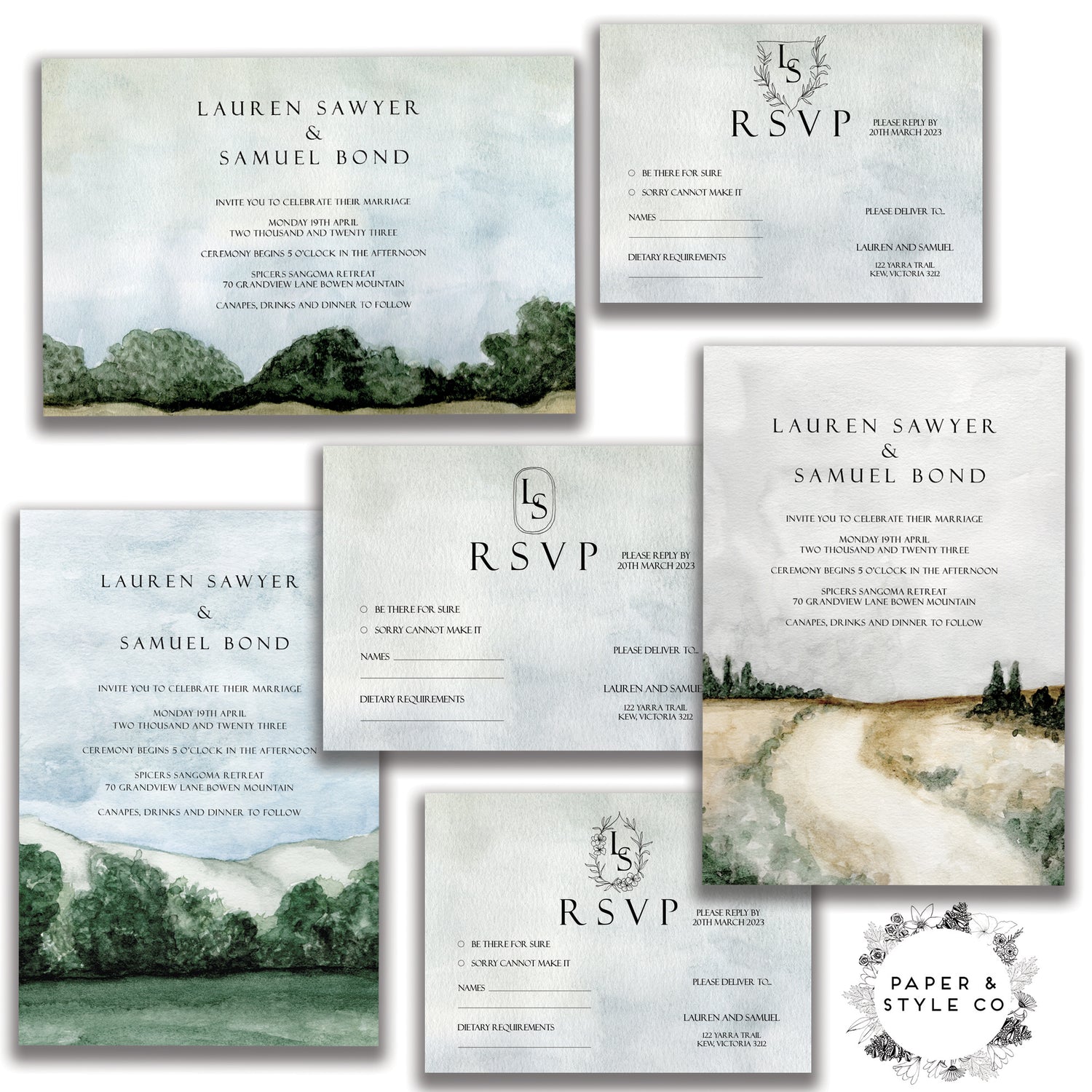 Vintage Landscape Wedding Invitations. Hand painted using watercolour in muted tones of sage green grey blues, with scenes of mountains, trees and paths