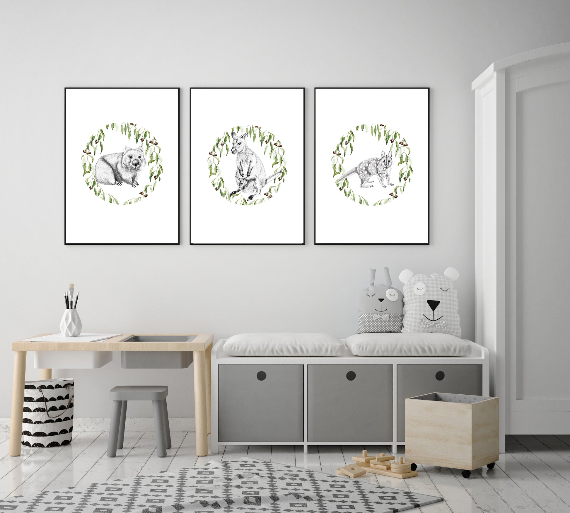 Set of 3 animal pencil drawings with watercolour gum leaf wreath
