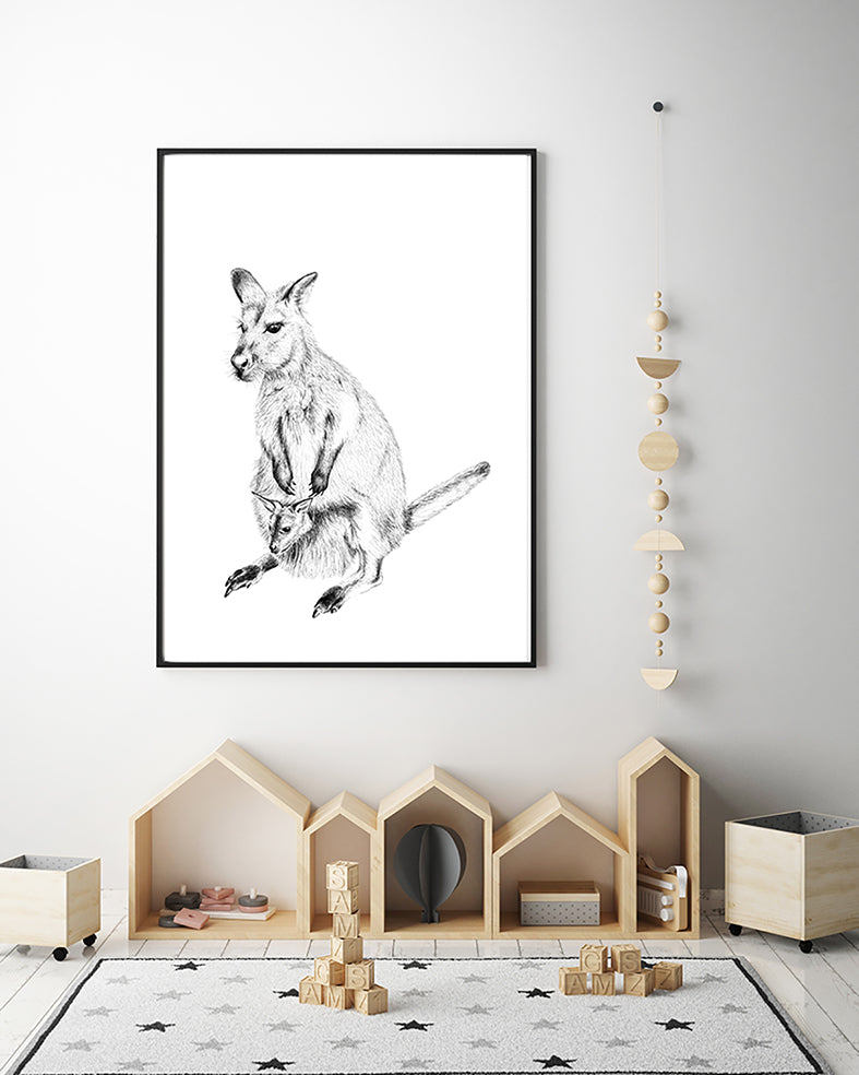 Hand drawn pencil art featuring Australian native animal the Wallaby