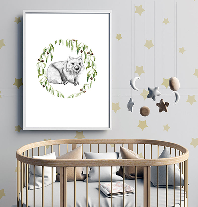 Hand drawn Australian animal wombat with watercolour gum leaf wreath