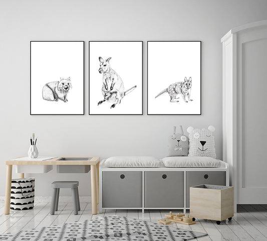 Set of 3 pencil drawn Australian animals, wallaby, spotted quoll and wombat. Prints for kids bedroom display