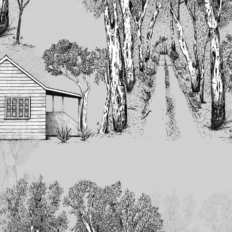Australian Bush Cabin pattern design with a light grey background