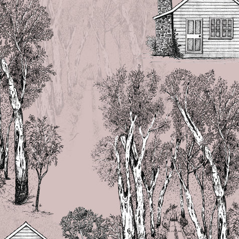 Australian Bush Cabin pattern design with a light dusty pink background