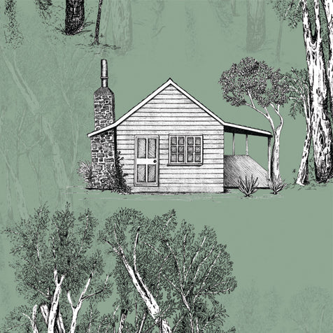 Australian Bush Cabin pattern design, with a sage green background