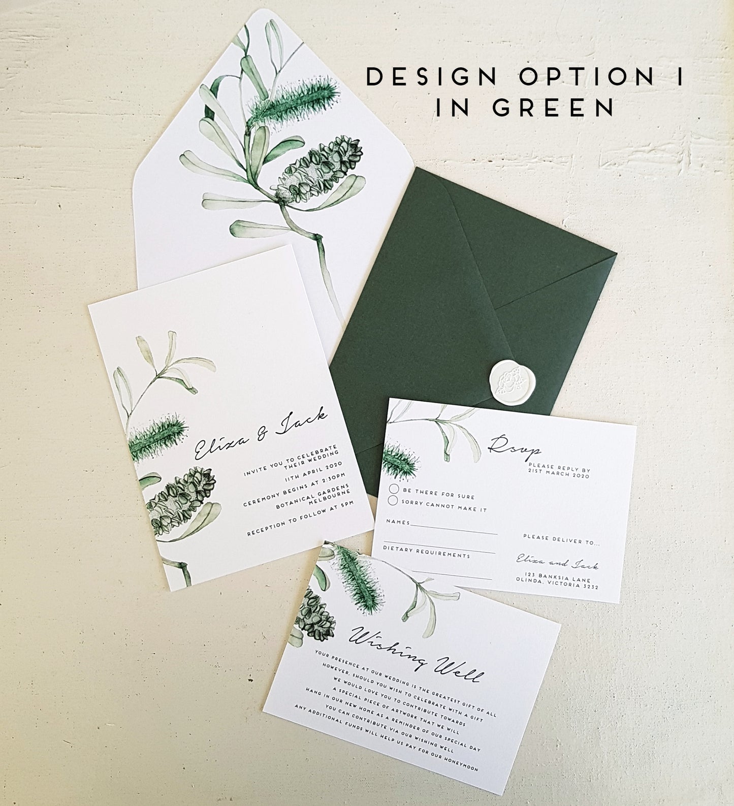 Banksia wedding invite set in black and white or green, featuring invite, rsvp card, wishing well card, envelope, wax seal and envelope liner