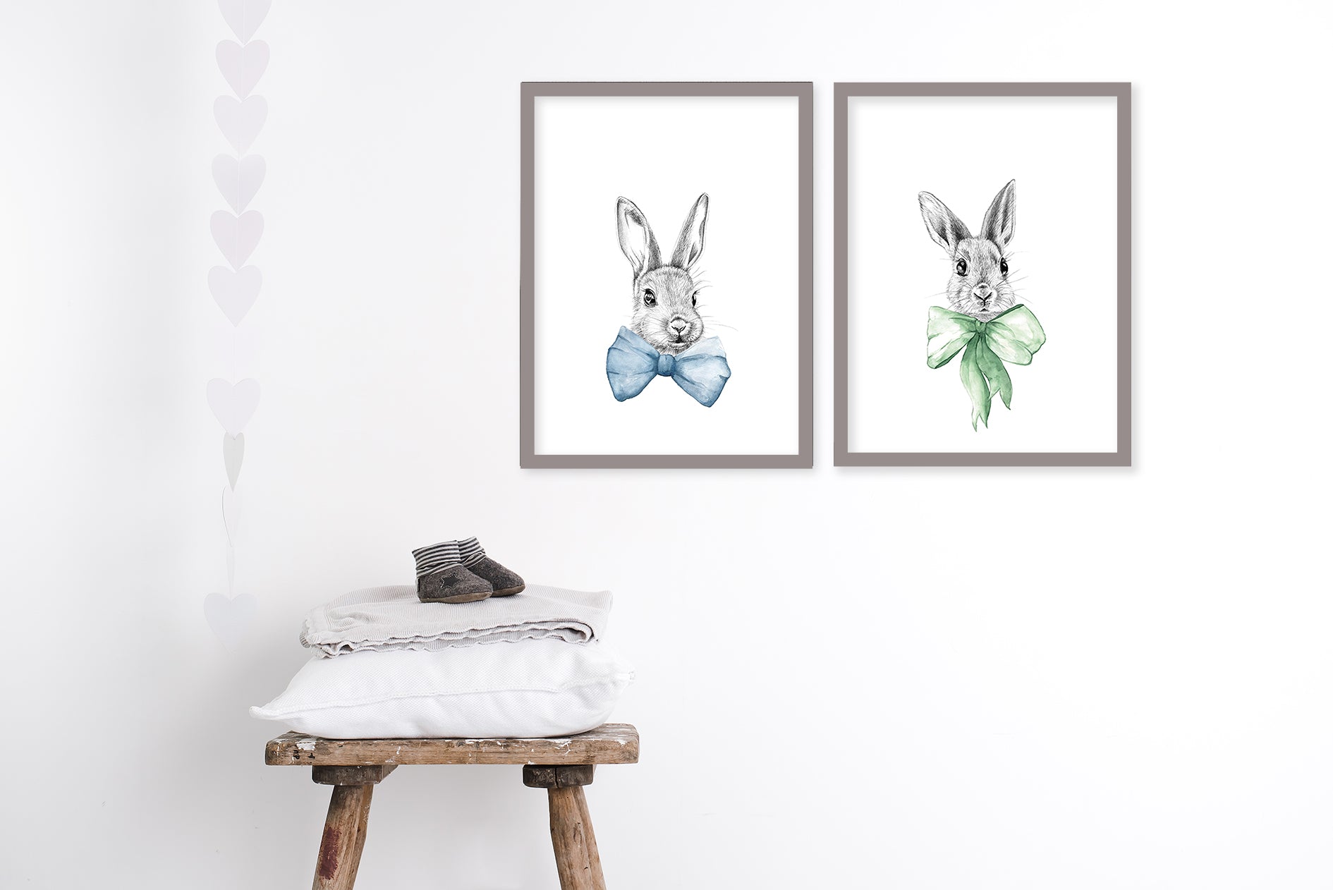 Bunnies in bows art prints for nursery or kids room