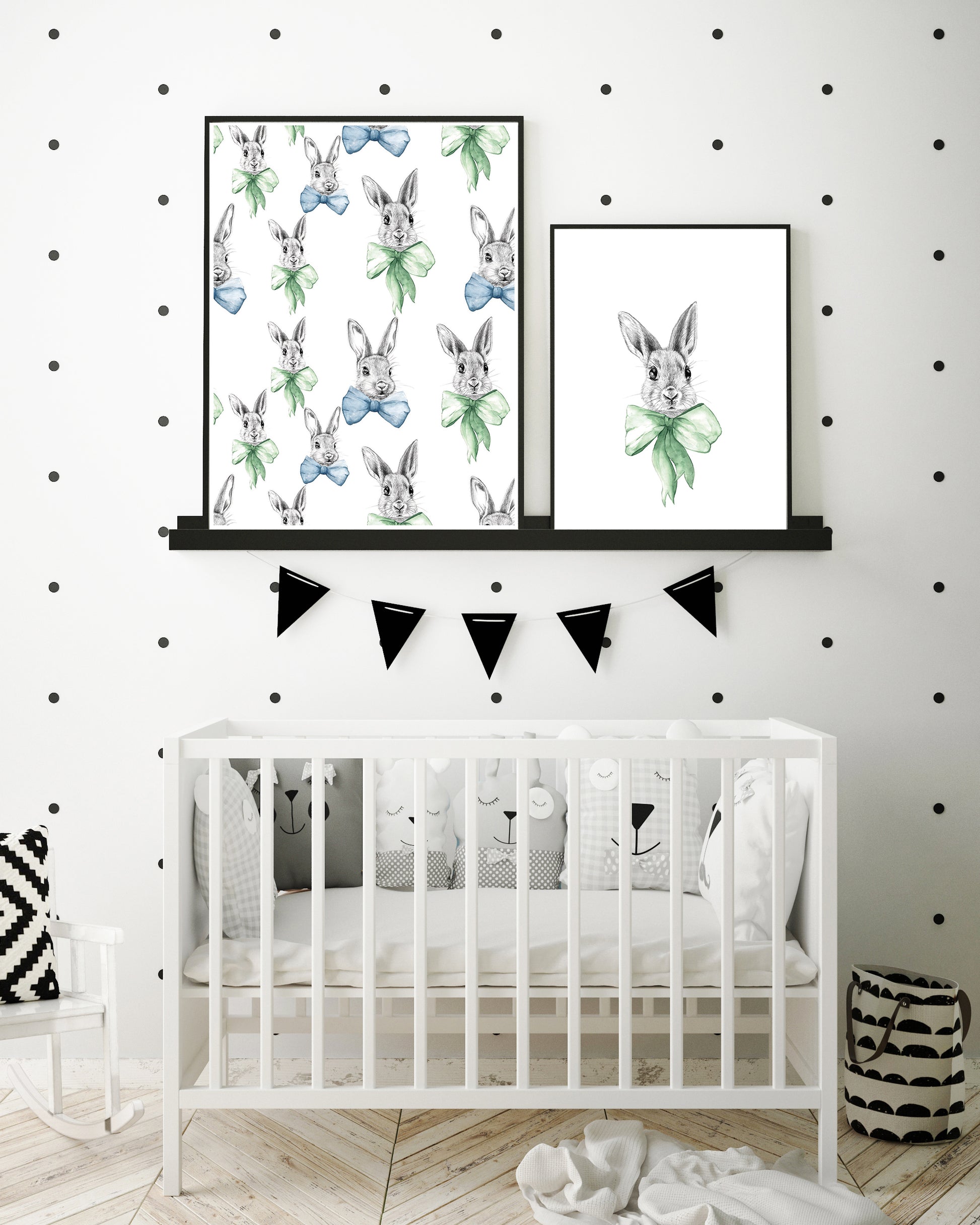 Bunnies in bows pattern print and green watercolour bow art print