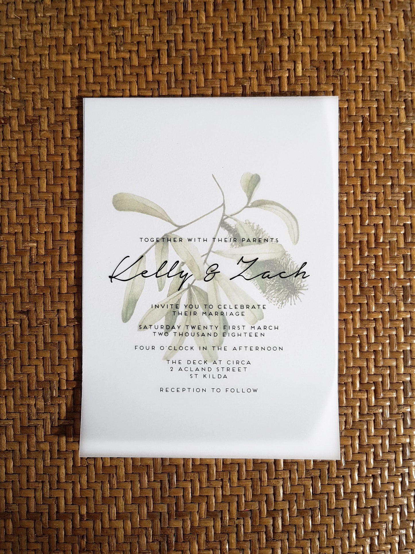 Detailed invite shot of the banksia design, using a vellum overlay for text and art print for the banksia artwork