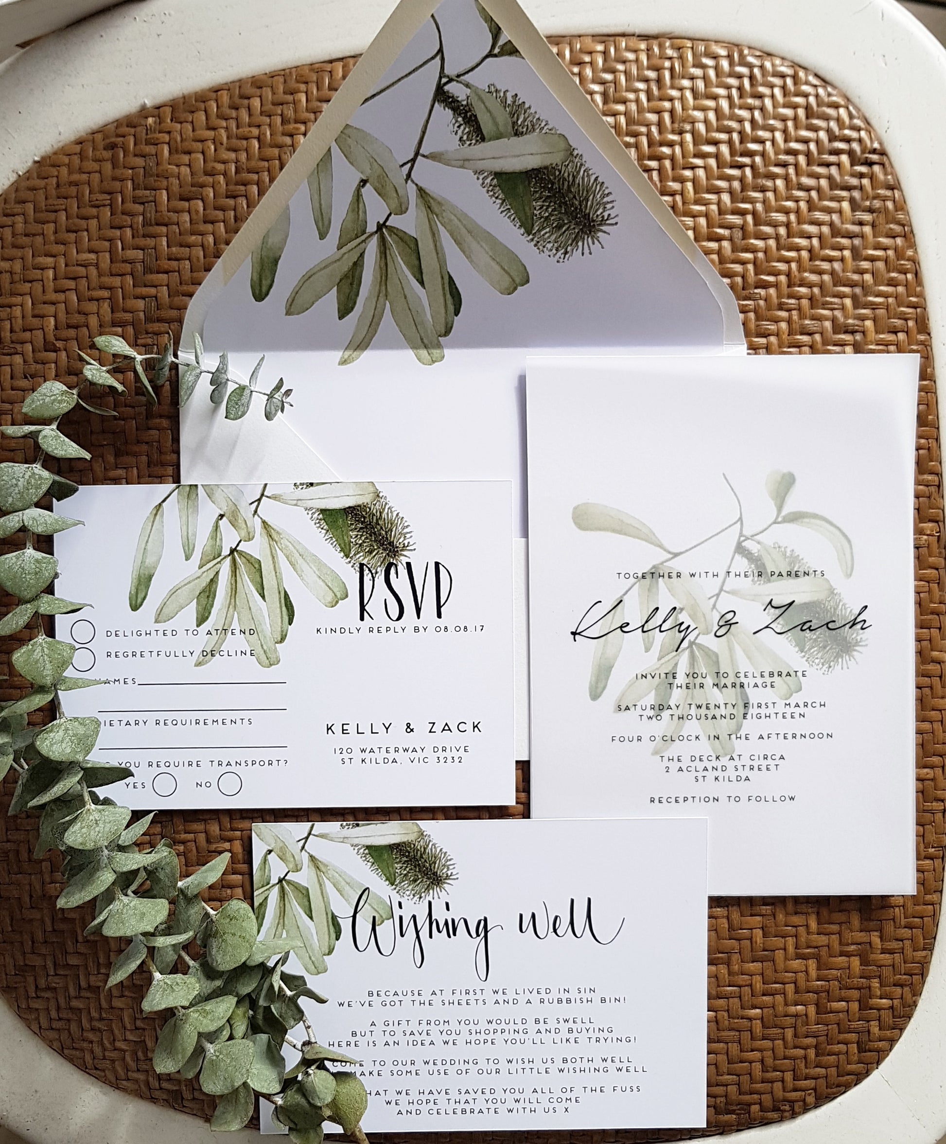 Banksia wedding invite set, including invite, rsvp card, wishing well card and envelope with liner all featuring the banksia design