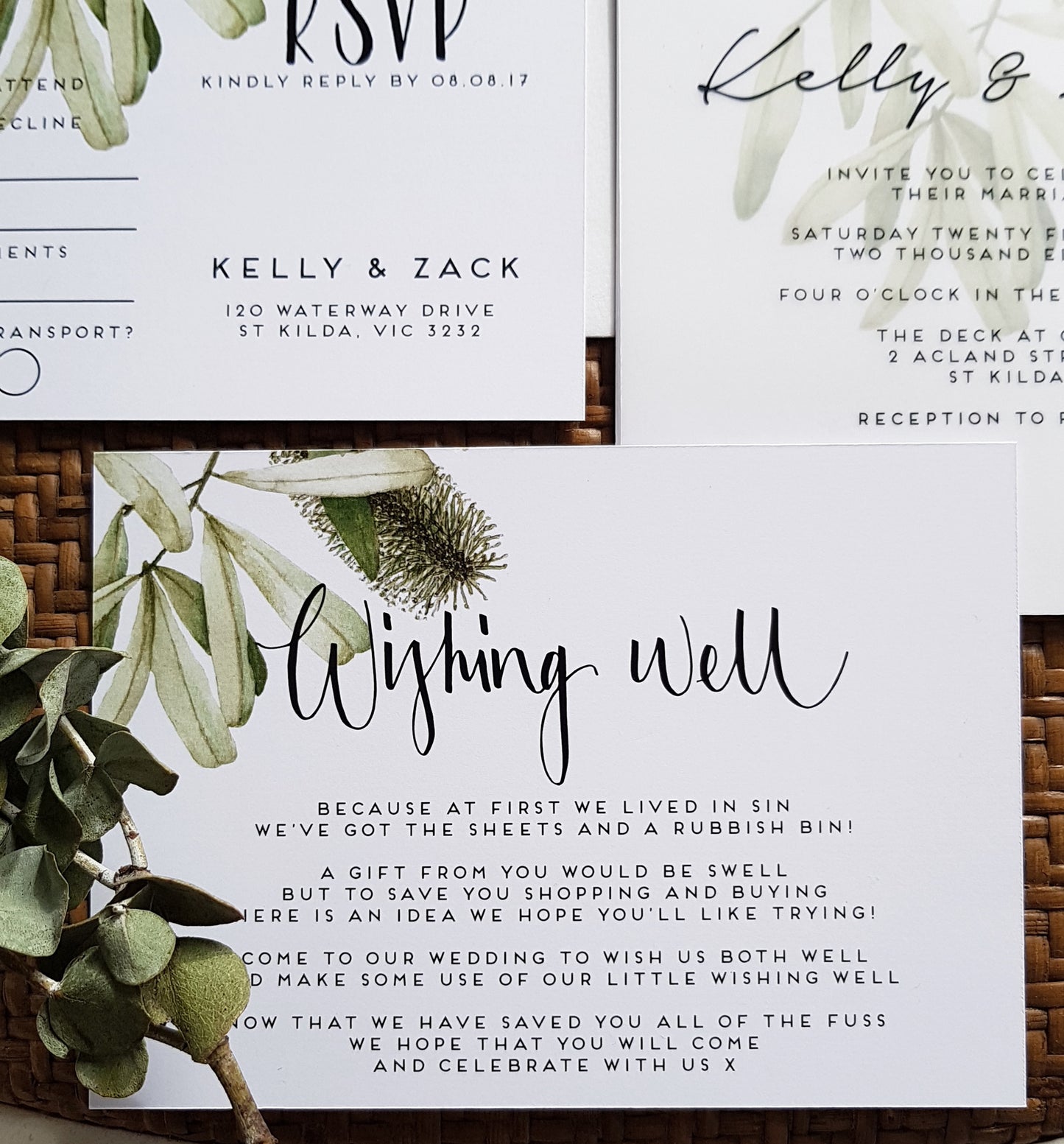 Banksia wedding design, wishing well card