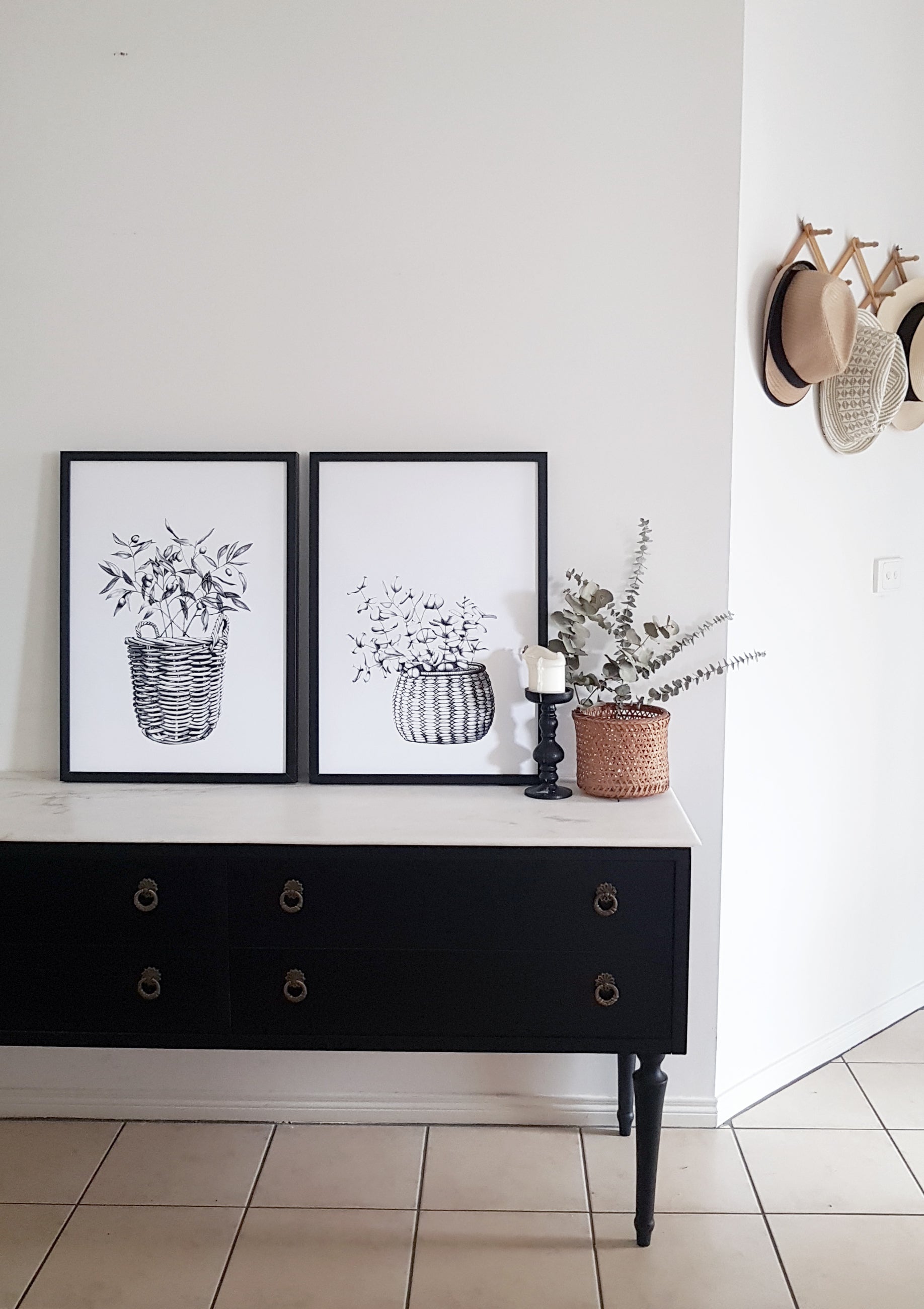 Modern art prints from hand drawn pencil detailed drawings of gum leaves in an old cane basket and a woven basket drawn with eucalyptus leaves inside