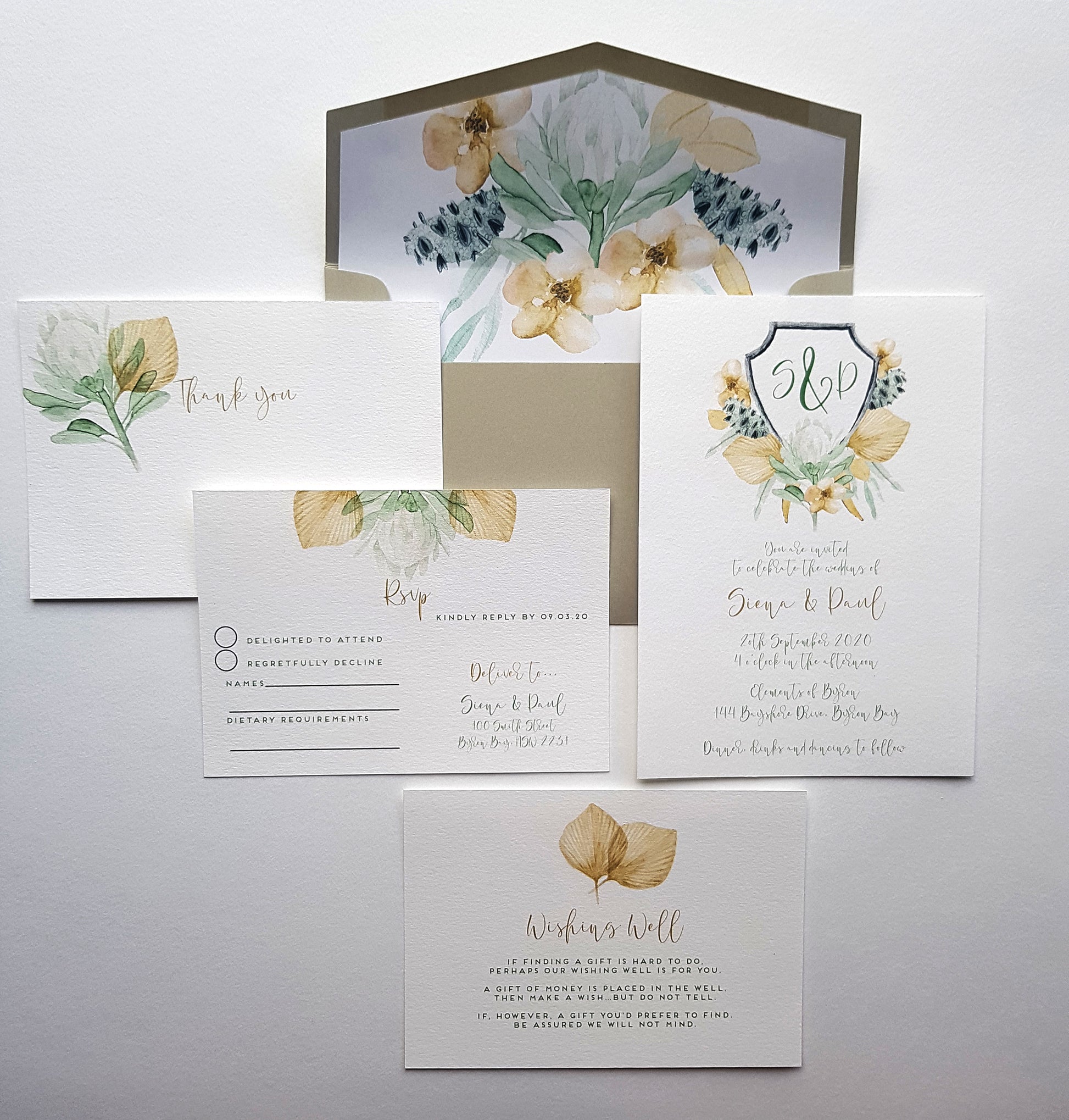 crest design, featuring invite, rsvp card, wishing well card, thank you card, with different elements from main wedding invite