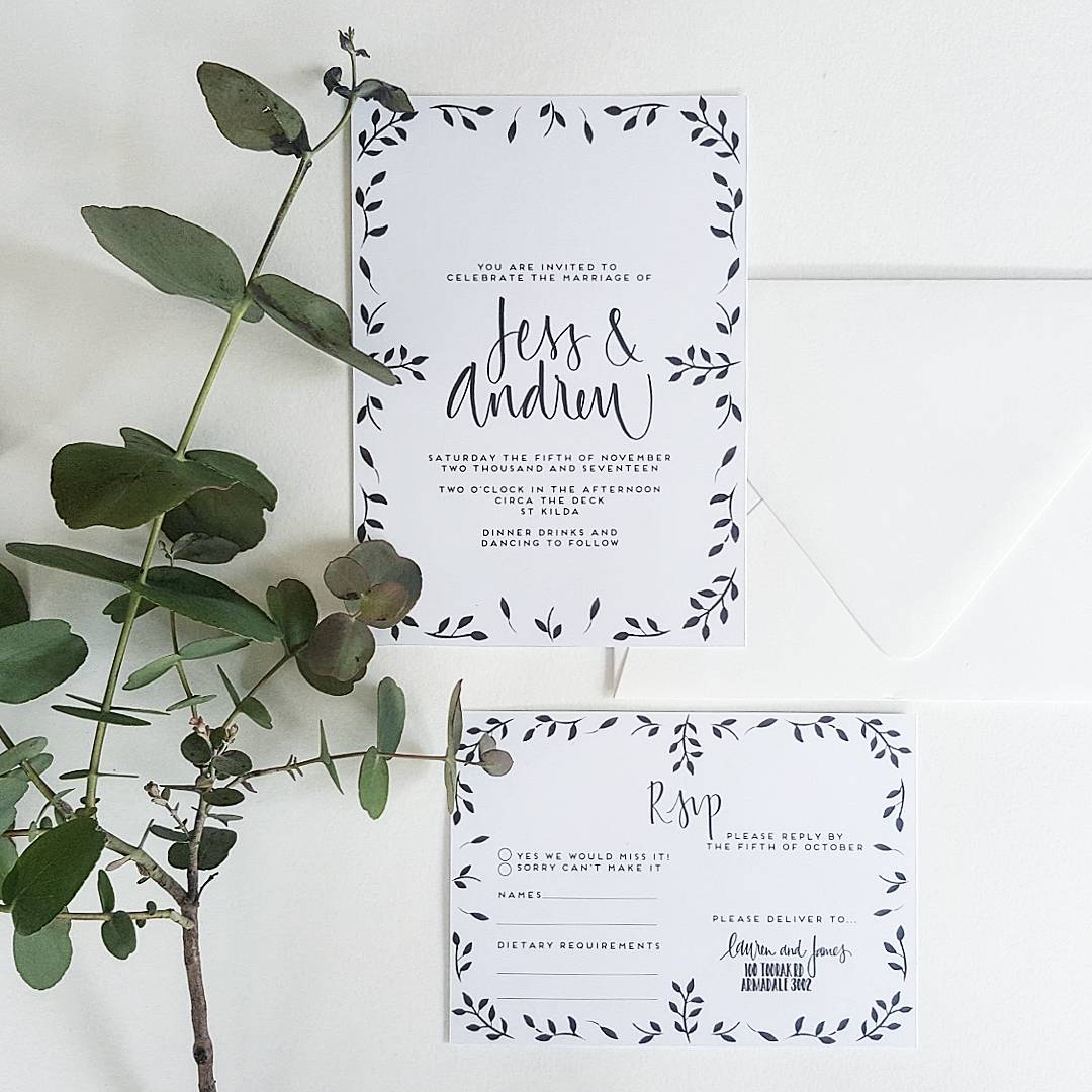 Hand painted black delicate leaves that create a symetrical border on invite, and rsvp card
