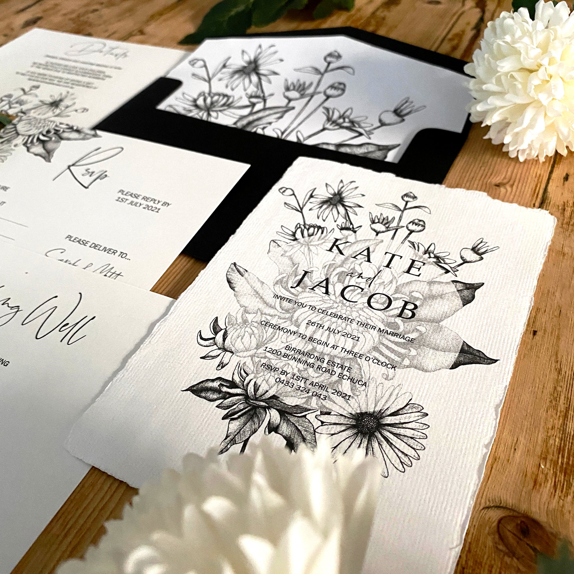 Chrysanthemum invites, printed onto a cotton deckled hand made paper, with pretty line art featuring daisies, chrysanthemums