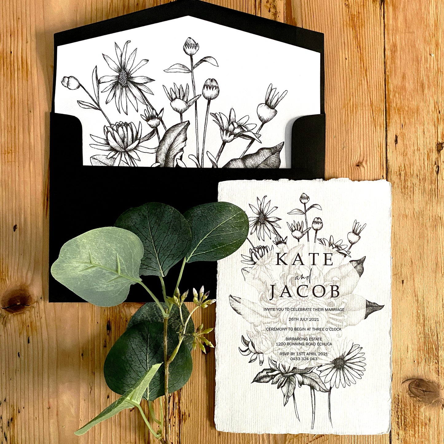 Chrysanthemum wedding invite design, featuring whimsical botanical artwork, here showing the invite and envelope with the liner