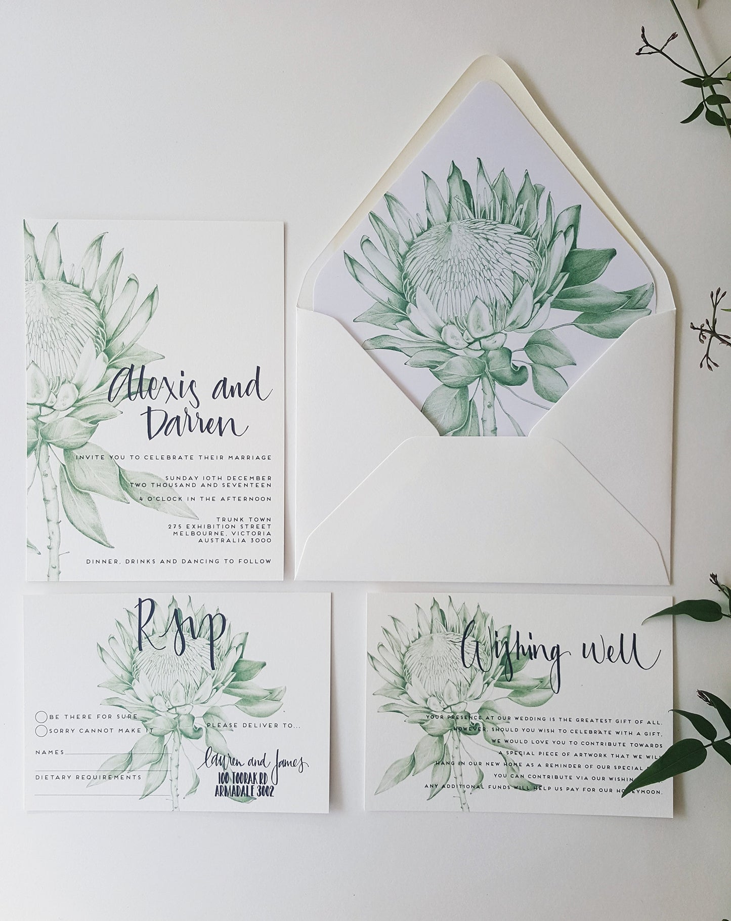 Protea Wedding Invitation, hand drawn in green, includes calligraphy text. Get the full set!