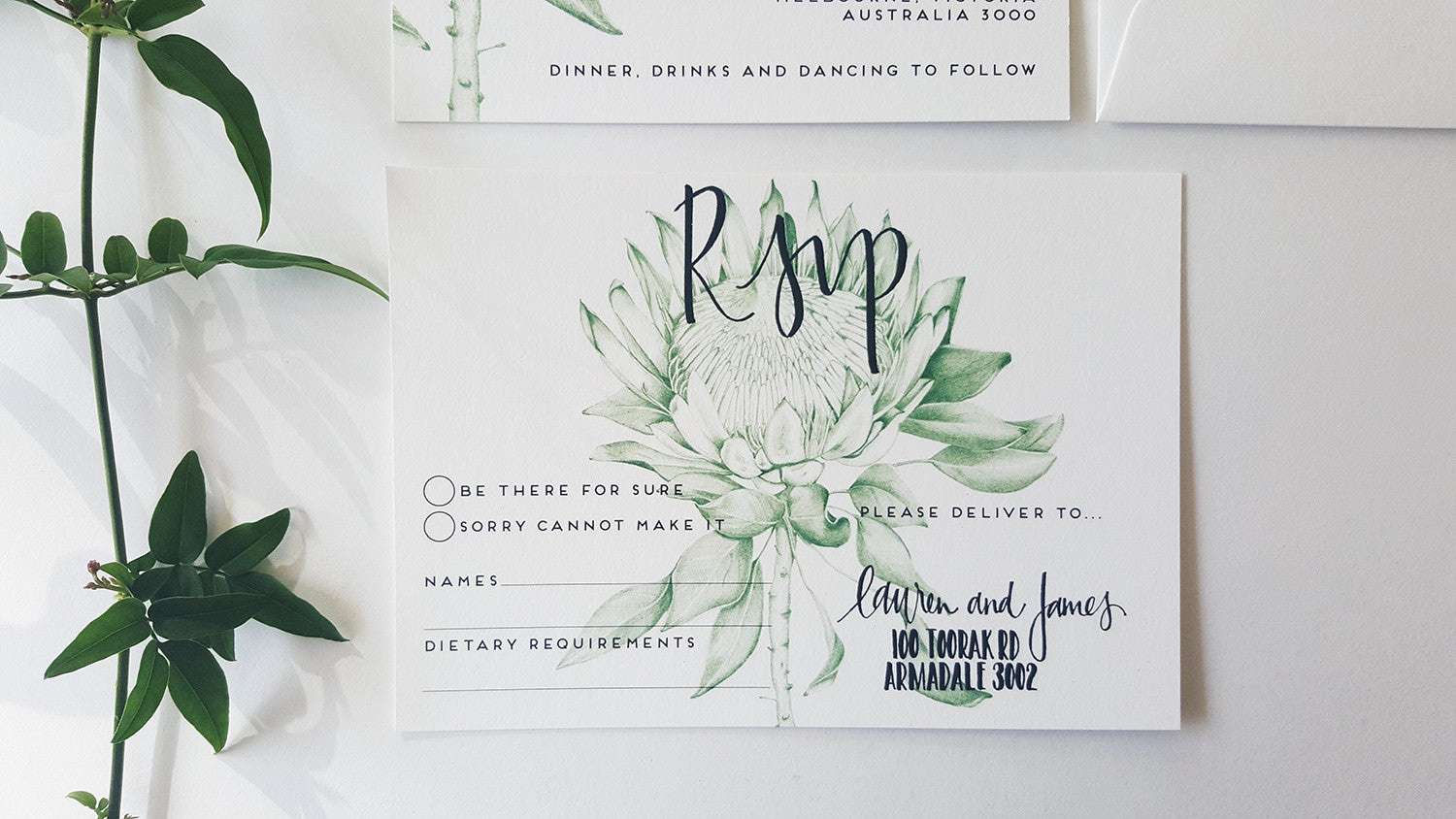 Protea Rsvp cards, hand drawn in green and features calligraphy text