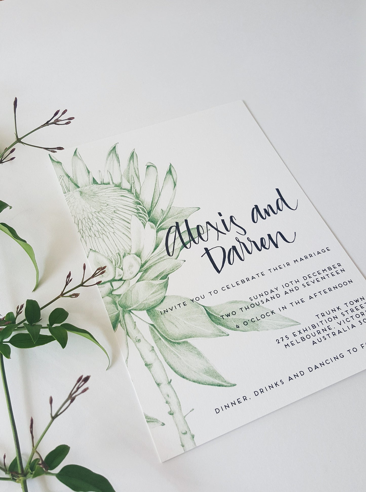 Protea wedding Invitation, hand drawn in green