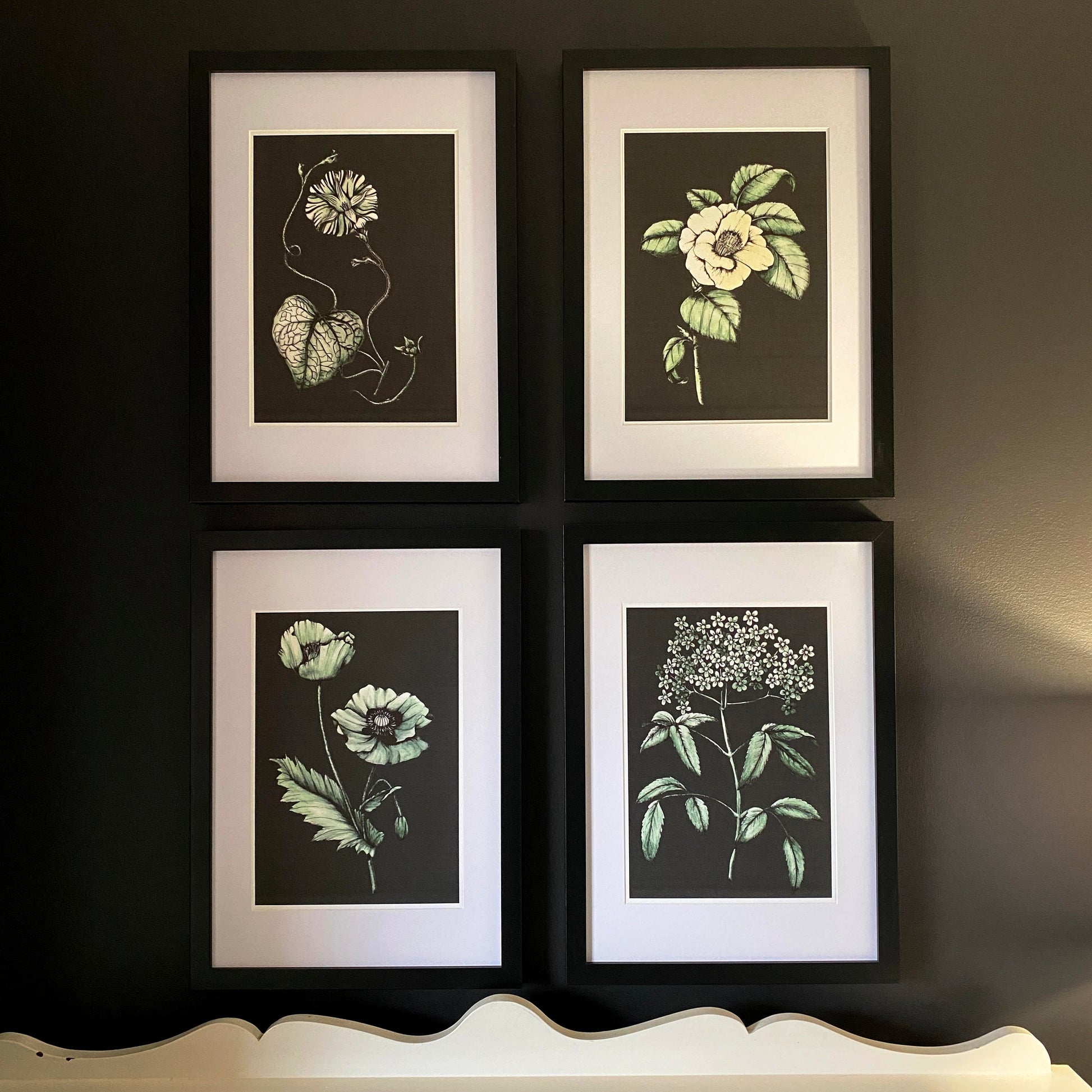 Set of 4 art prints. Featuring green watercolour vintage style botanical flowers of elderberry, camellia, poppy and vintage bloom