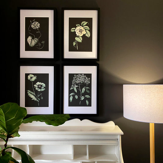 vintage botanical prints, green floral watercolour, printed as a set of 4, with a black background