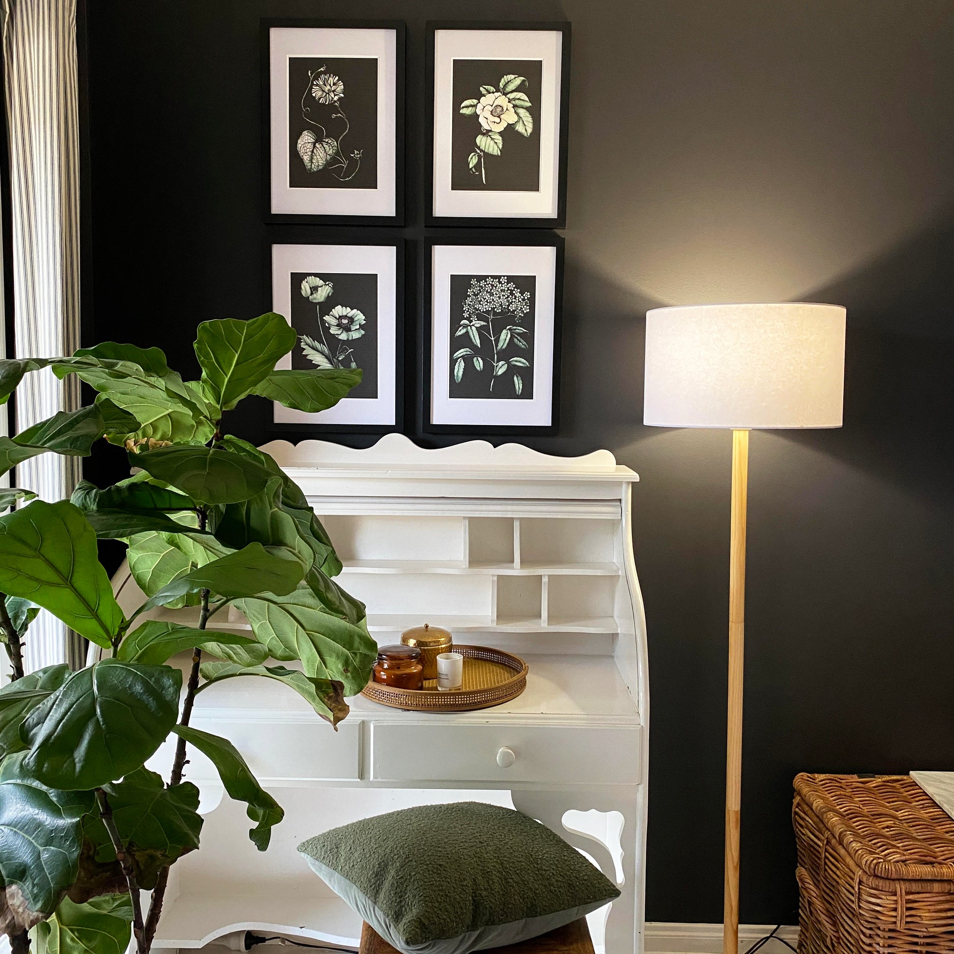 moody vintage botanical prints, pained in green watercolour and featuring a black background, these prints are a great addition to any room