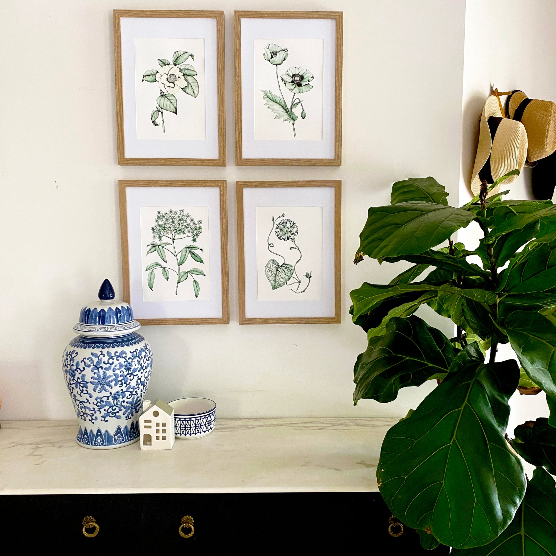 Vintage style botanical set of 4 prints. Art prints are created using watercolours in sage green and shadows highlighted in line art