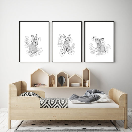 Beautiful and light, hand drawn bunnies using pencil, whimsical and fun these bunnies are amongst line art florals