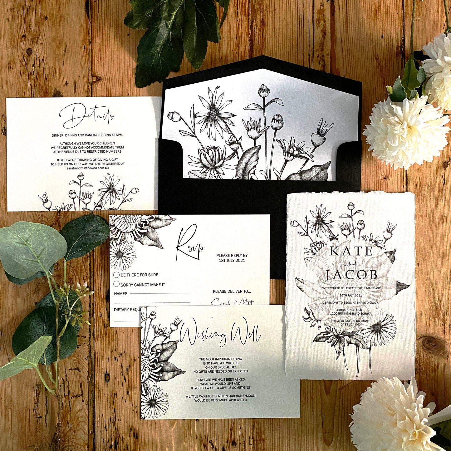Chrysanthemum wedding invite set, featuring invite, rsvp card, wishing well card, details card and envelope with the envelope liner