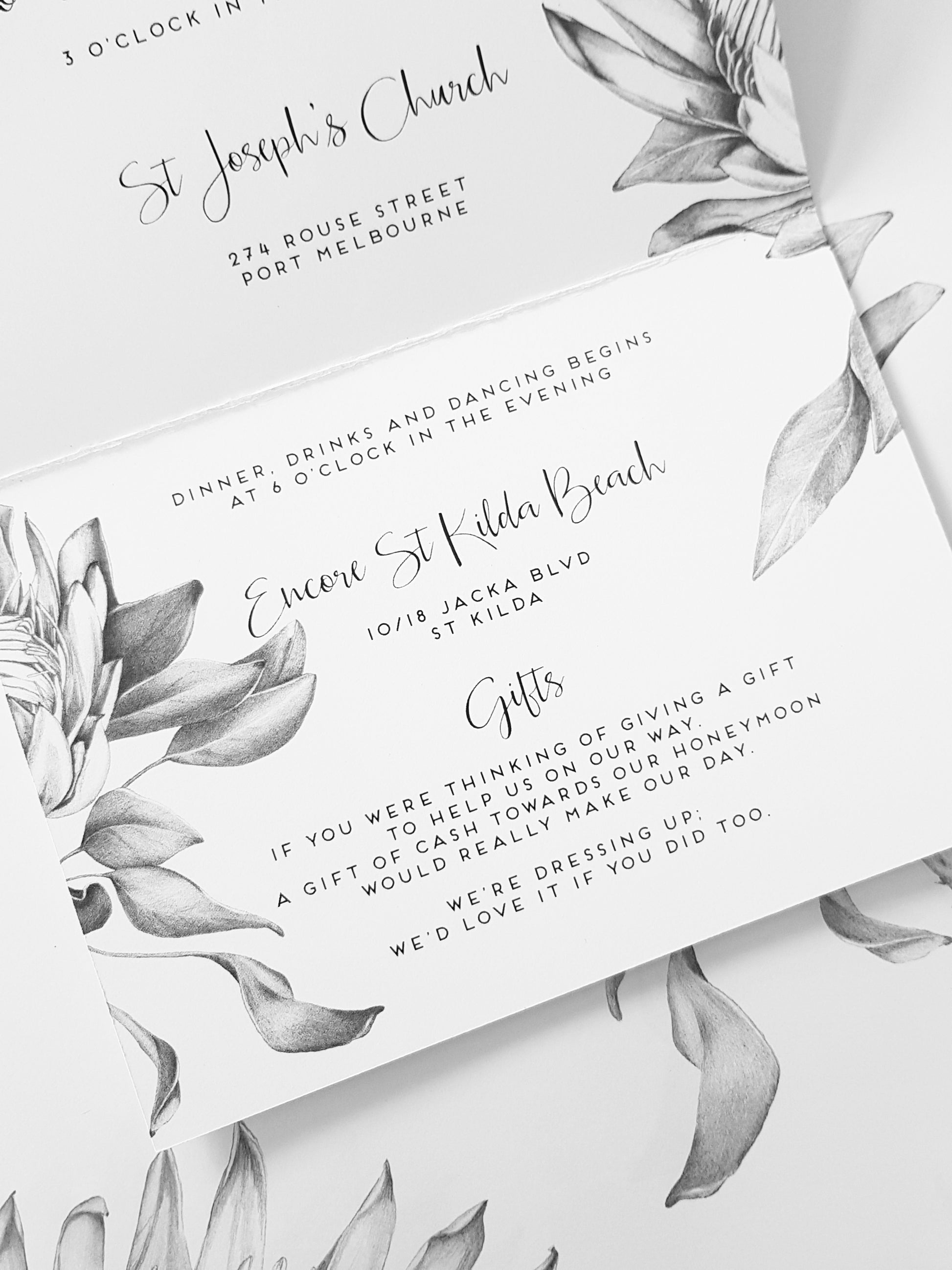 Hand drawn Protea in black and white, trifold invitation