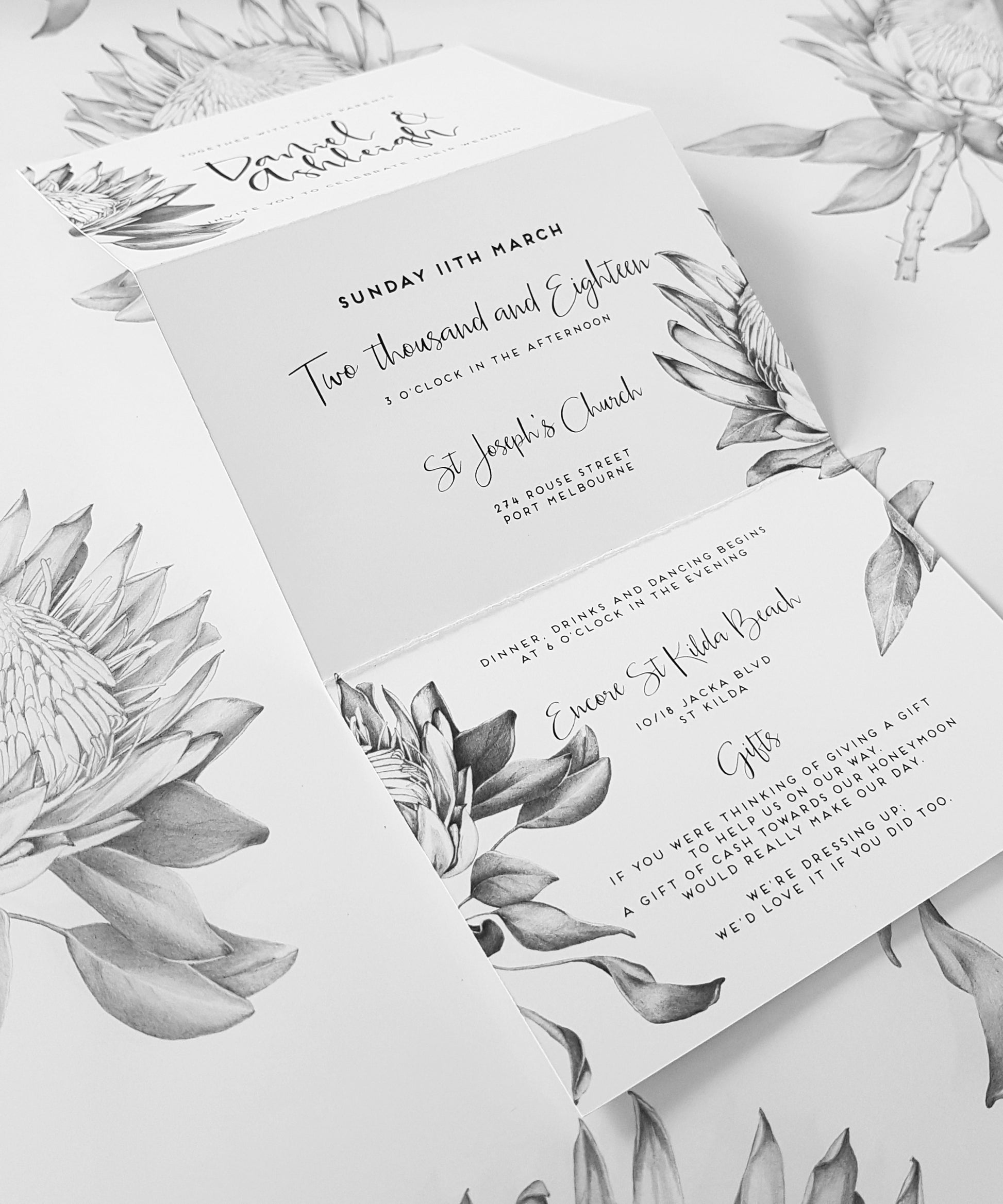 Trifold Wedding Invitation featuring Protea hand drawn native flower