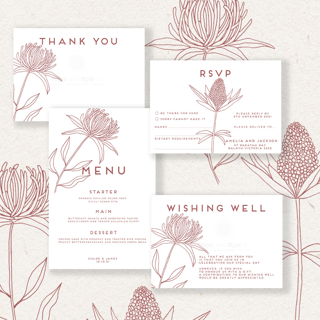 wildflower design, wedding invitation, botanical invites, hand drawn botanicals