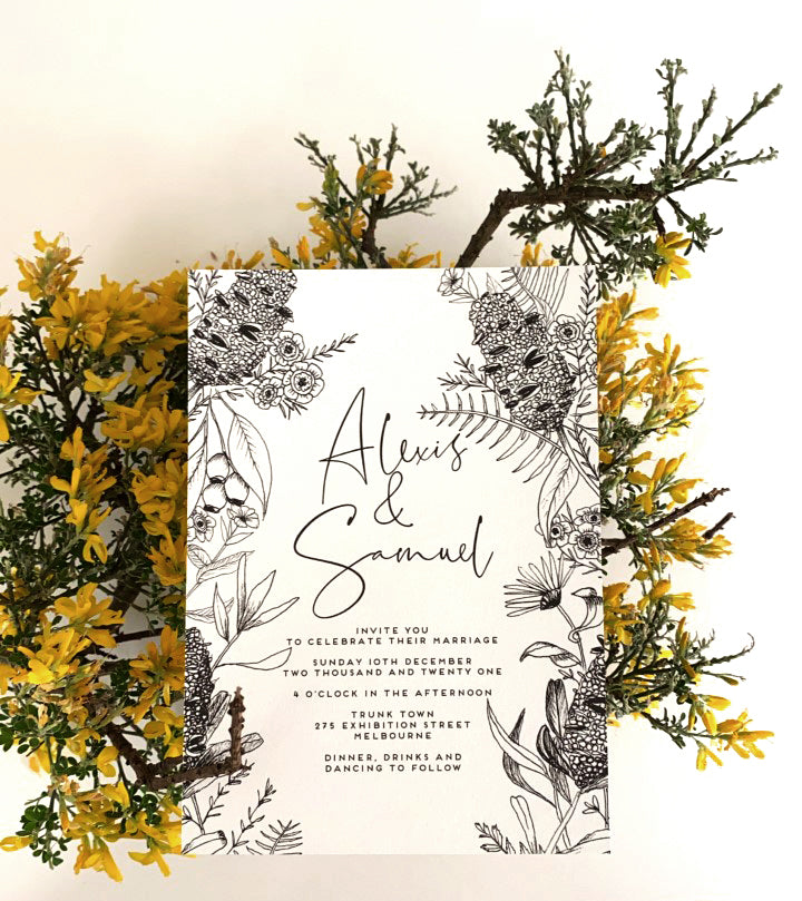 Alexis wedding invite, featuring hand drawn Australian botanicals in black and white line art