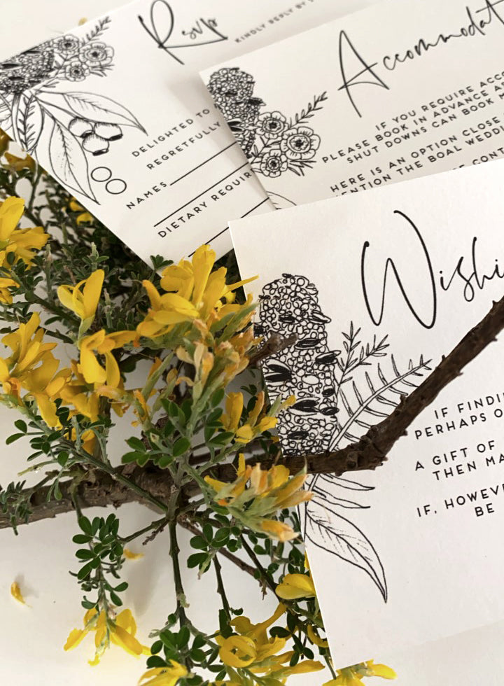 Rsvp wedding stationery, featuring Australian botanical blooms and flora