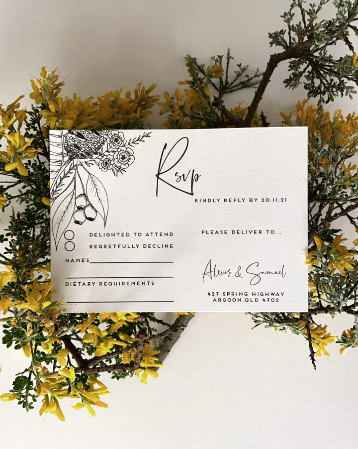 Alexis design rsvp card, for weddings, all drawn in line art, delicate florals and banksia 