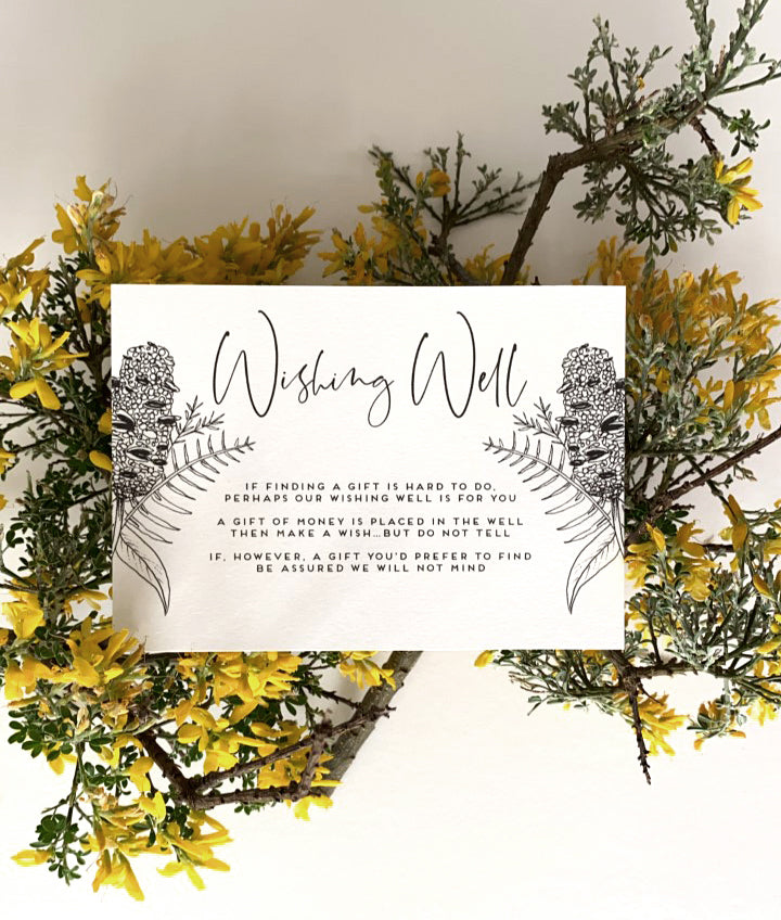 Wishing well card, for Alexis wedding invites, featurinf gum leaves, fern and banksia