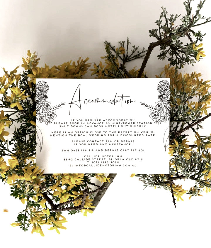Accommodation card in Alexis design, featuring hand drawn Australian botanicals 