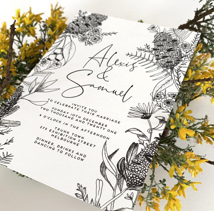 Alexis Design, wedding invite that features hand drawn botanical florals from the Australian gardens