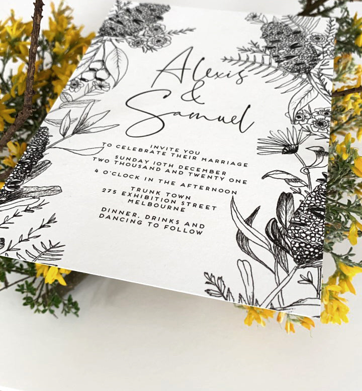 Alexis Design wedding invitation, featuring hand drawn Australian botanical artwork