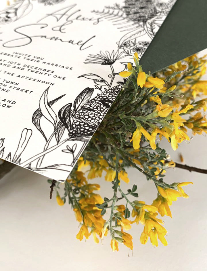 Alexis wedding invitation, featuring Australian banksias, flannel flowers, fern and gum leaves, all in black and white line art