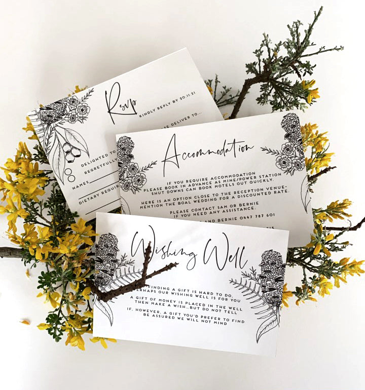 Set of smaller stationery set, featuring the Alexis design, of black and white line art showcasing Australian botanicals