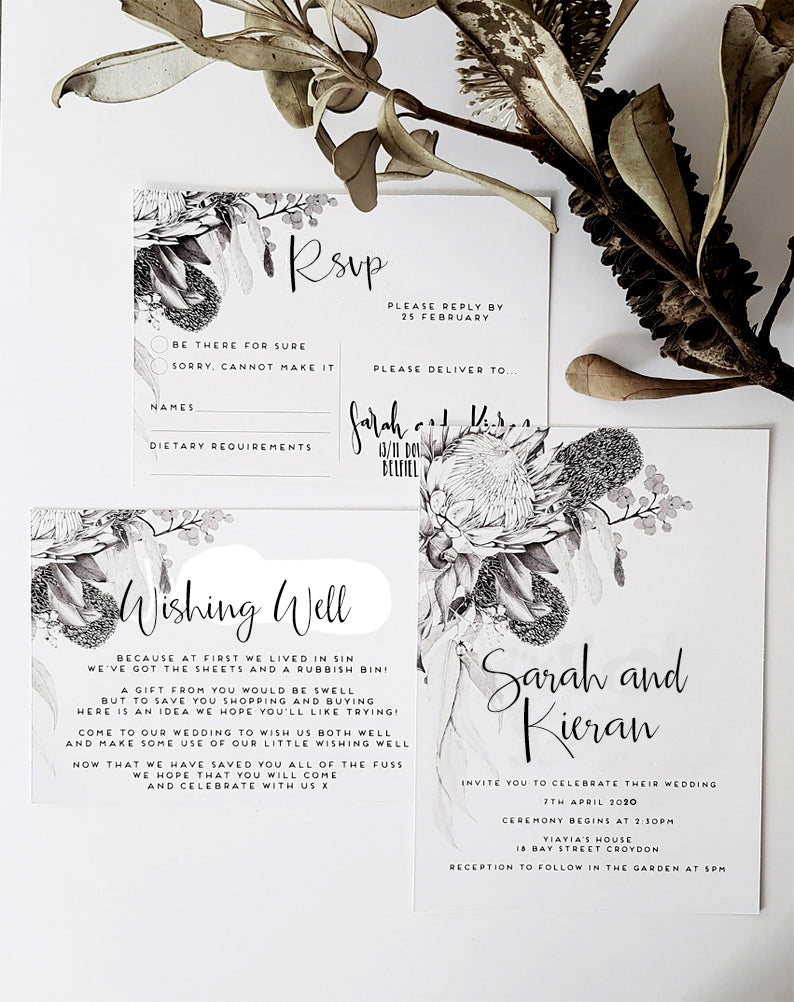 Australian Natives wedding invites, featuring hand drawn Australian botanicals in black and white, modern invitation wording and details