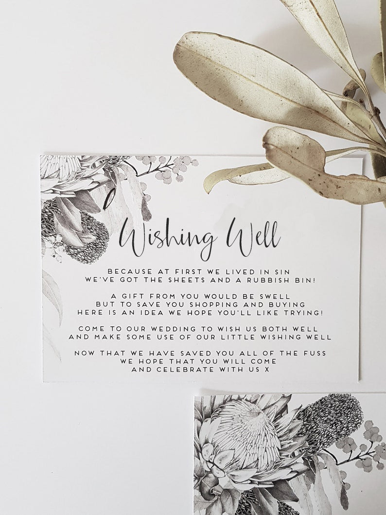 Wishing well card for the Australian Natives design, using all hand drawn botanicals including banksia, protea, wattle and gum leaves